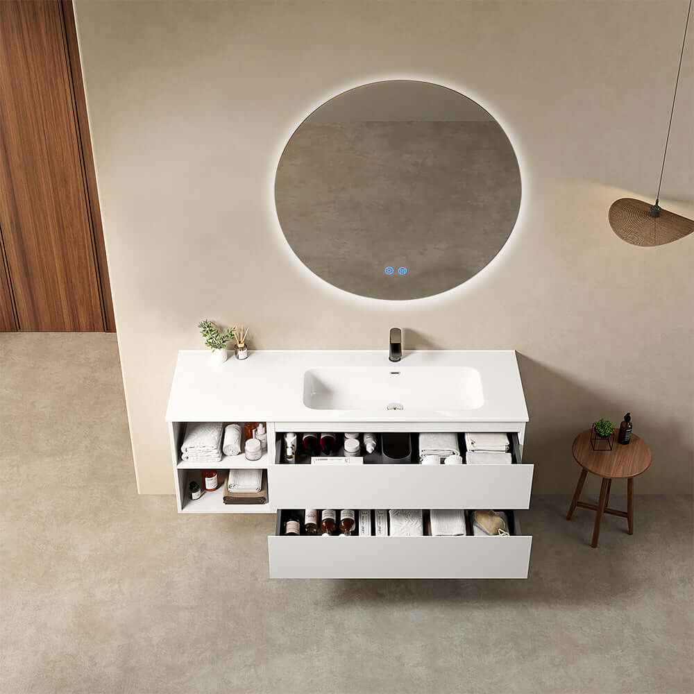 Mobile bagno sospeso 140 cm Bianco Lavabo a Destra in Resina Specchio Tondo Retroilluminato - Fiji Paint Plus