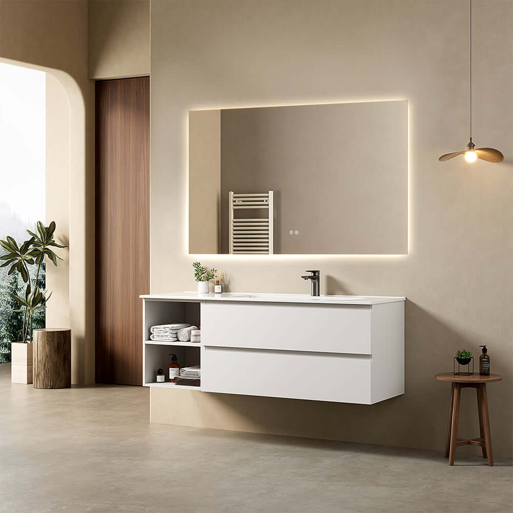 Mobile bagno sospeso 140 cm Bianco Lavabo a Destra in Resina Specchio Quadro Retroilluminato - Fiji Paint Plus