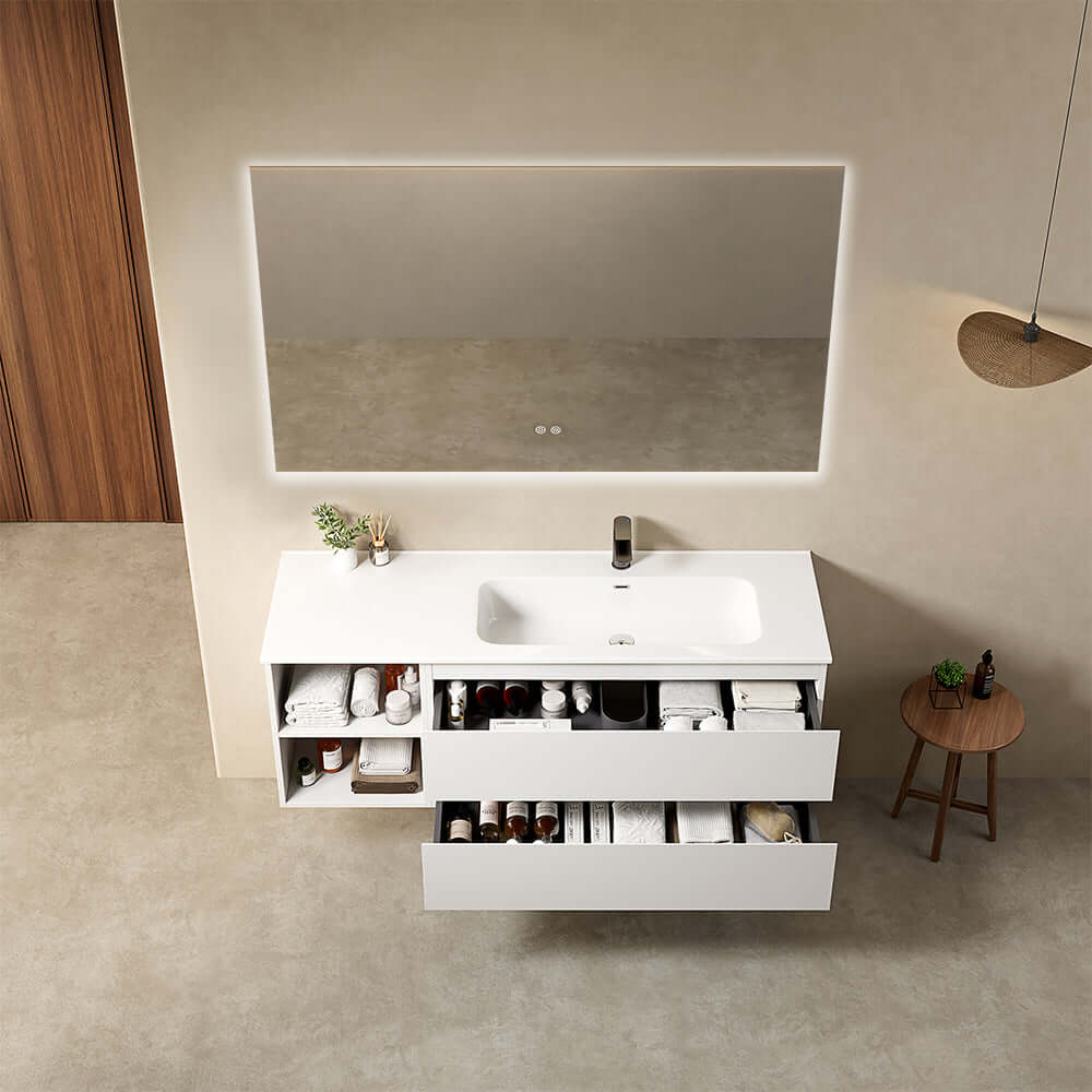 Mobile bagno sospeso 140 cm Bianco Lavabo a Destra in Resina Specchio Quadro Retroilluminato - Fiji Paint Plus