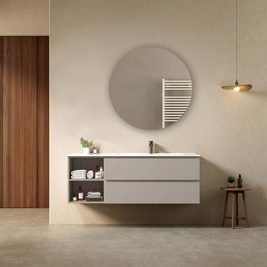 Mobile bagno sospeso 140 cm Grigio Cenere Lavabo a Destra in Resina Specchio Tondo - Fiji Paint Plus
