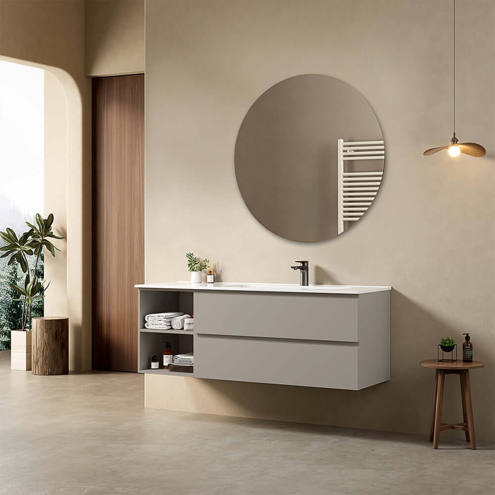 Mobile bagno sospeso 140 cm Grigio Cenere Lavabo a Destra in Resina Specchio Tondo - Fiji Paint Plus
