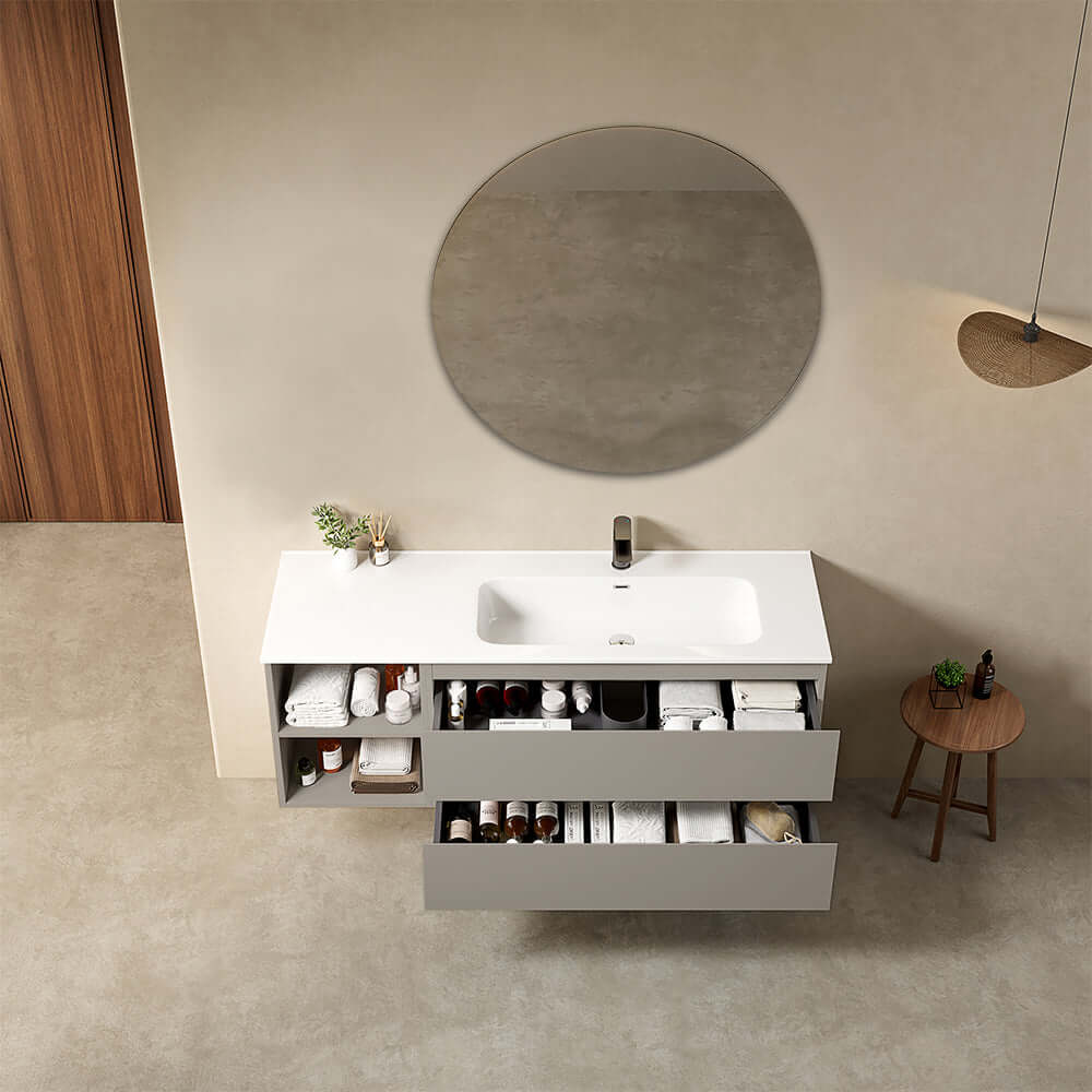 Mobile bagno sospeso 140 cm Grigio Cenere Lavabo a Destra in Resina Specchio Tondo - Fiji Paint Plus
