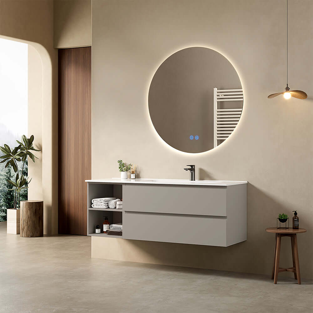 Mobile bagno sospeso 140 cm Grigio Cenere Lavabo a Destra in Resina Specchio Tondo Retroilluminato - Fiji Paint Plus