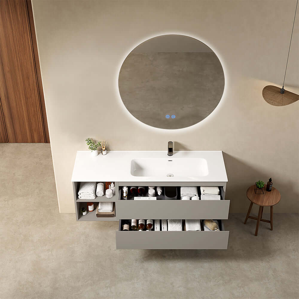 Mobile bagno sospeso 140 cm Grigio Cenere Lavabo a Destra in Resina Specchio Tondo Retroilluminato - Fiji Paint Plus