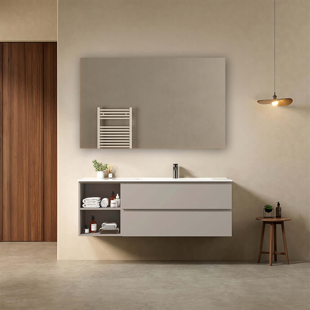 Mobile bagno sospeso 140 cm Grigio Cenere Lavabo a Destra in Resina Specchio Quadro - Fiji Paint Plus