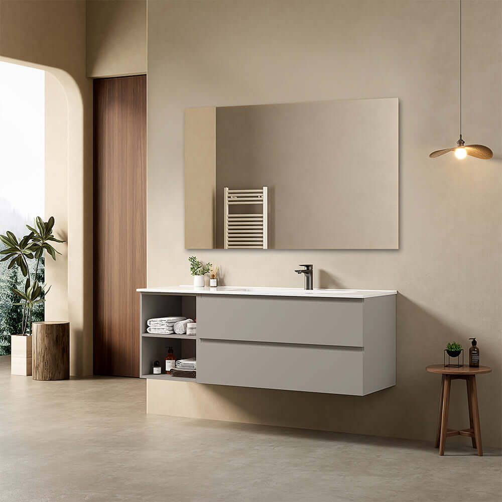 Mobile bagno sospeso 140 cm Grigio Cenere Lavabo a Destra in Resina Specchio Quadro - Fiji Paint Plus