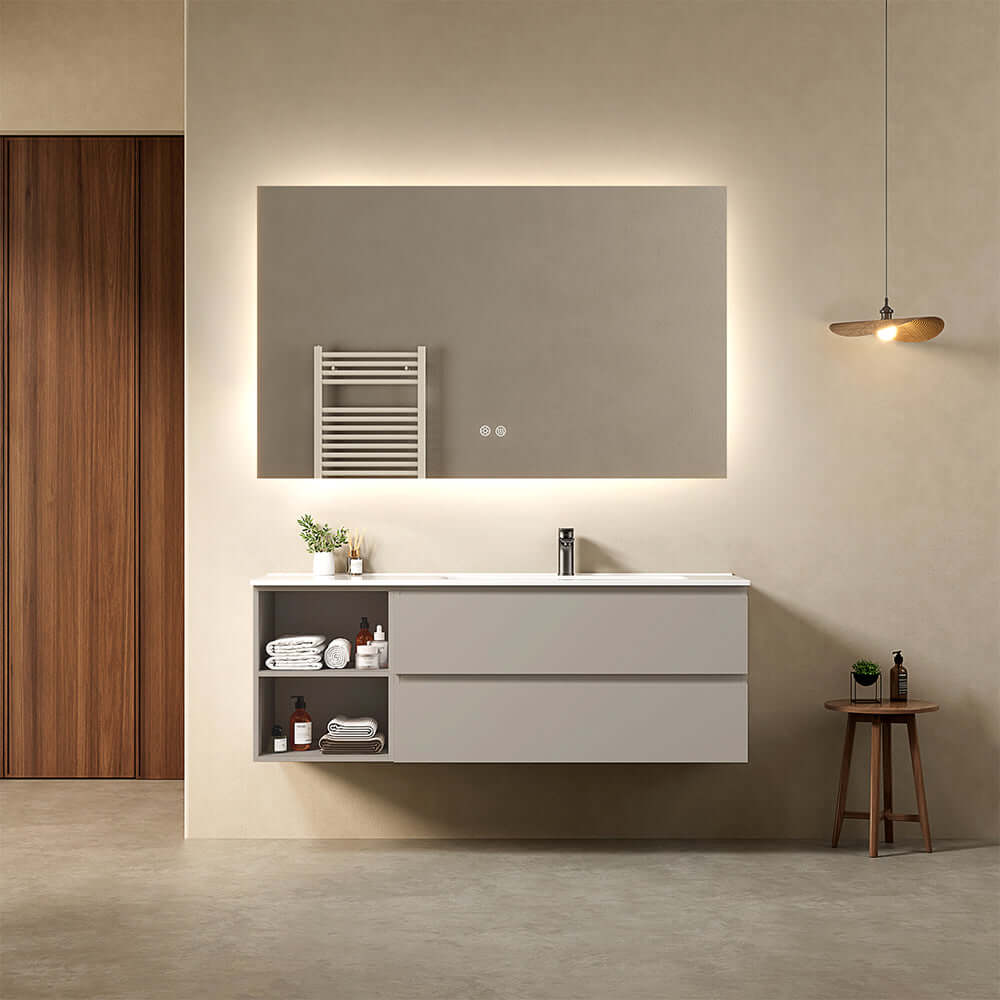 Mobile bagno sospeso 140 cm Grigio Cenere Lavabo a Destra in Resina Specchio Quadro Retroilluminato - Fiji Paint Plus