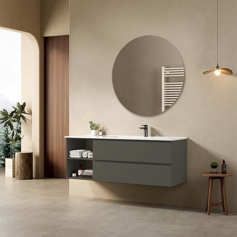 Mobile bagno sospeso 140 cm Grigio Londra Lavabo a Destra in Resina Specchio Tondo - Fiji Paint Plus