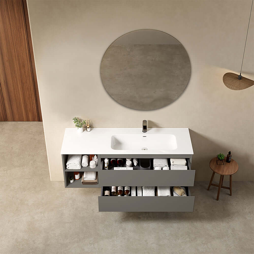 Mobile bagno sospeso 140 cm Grigio Londra Lavabo a Destra in Resina Specchio Tondo - Fiji Paint Plus