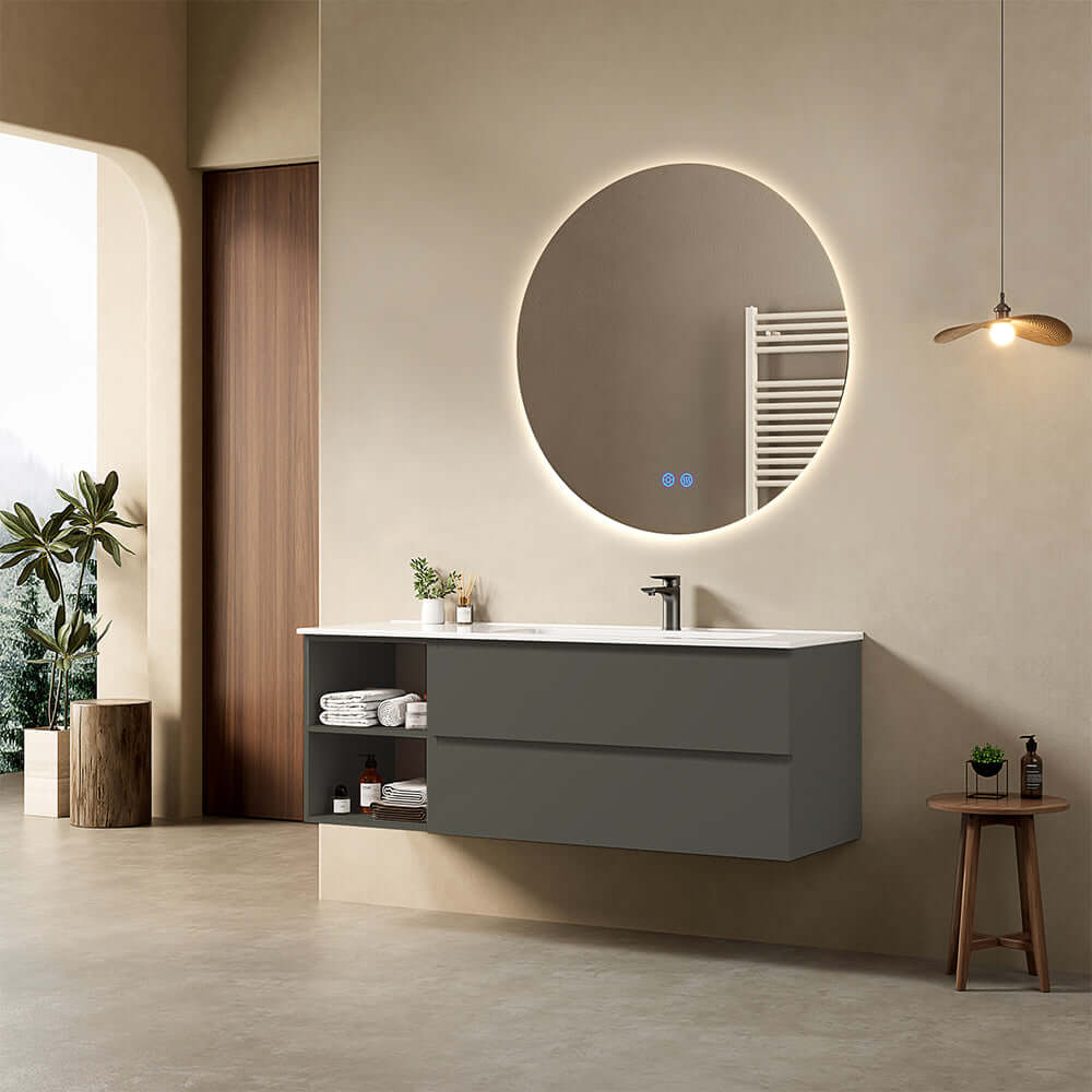 Mobile bagno sospeso 140 cm Grigio Londra Lavabo a Destra in Resina Specchio Tondo Retroilluminato - Fiji Paint Plus