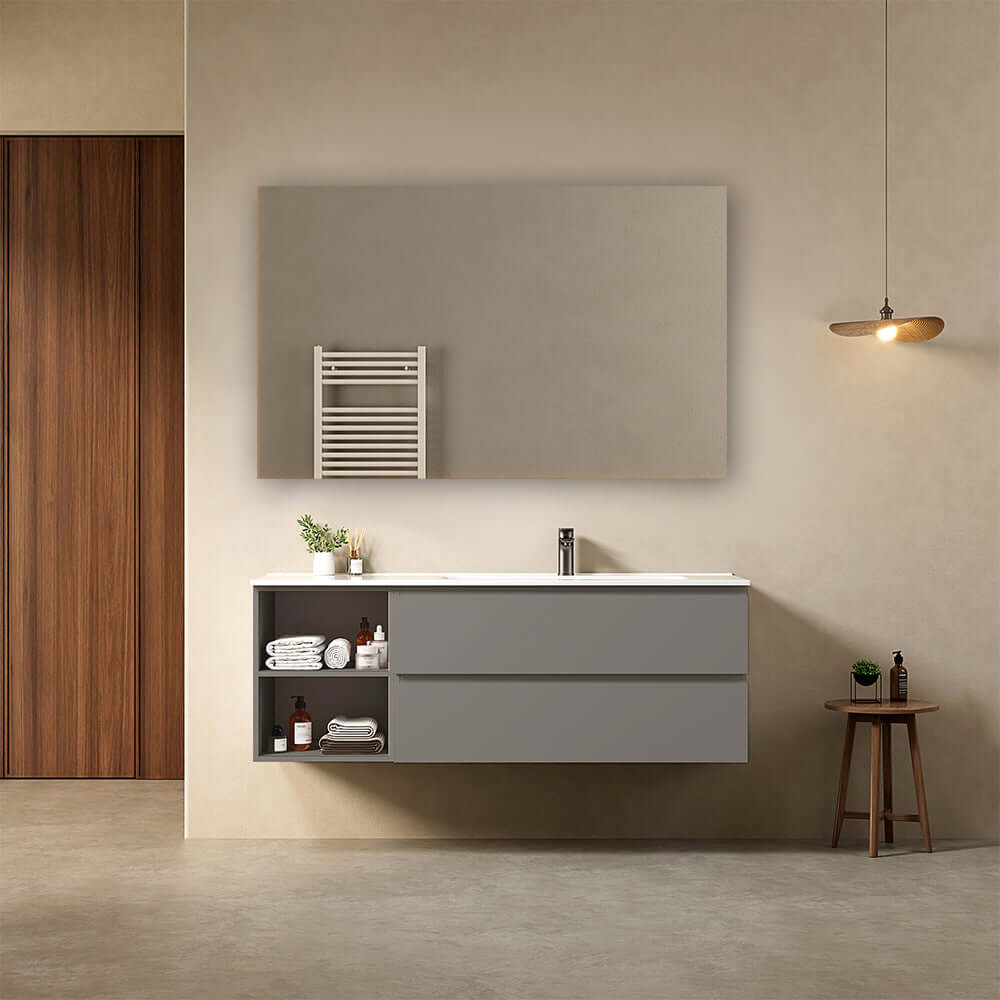 Mobile bagno sospeso 140 cm Grigio Londra Lavabo a Destra in Resina Specchio Quadro - Fiji Paint Plus