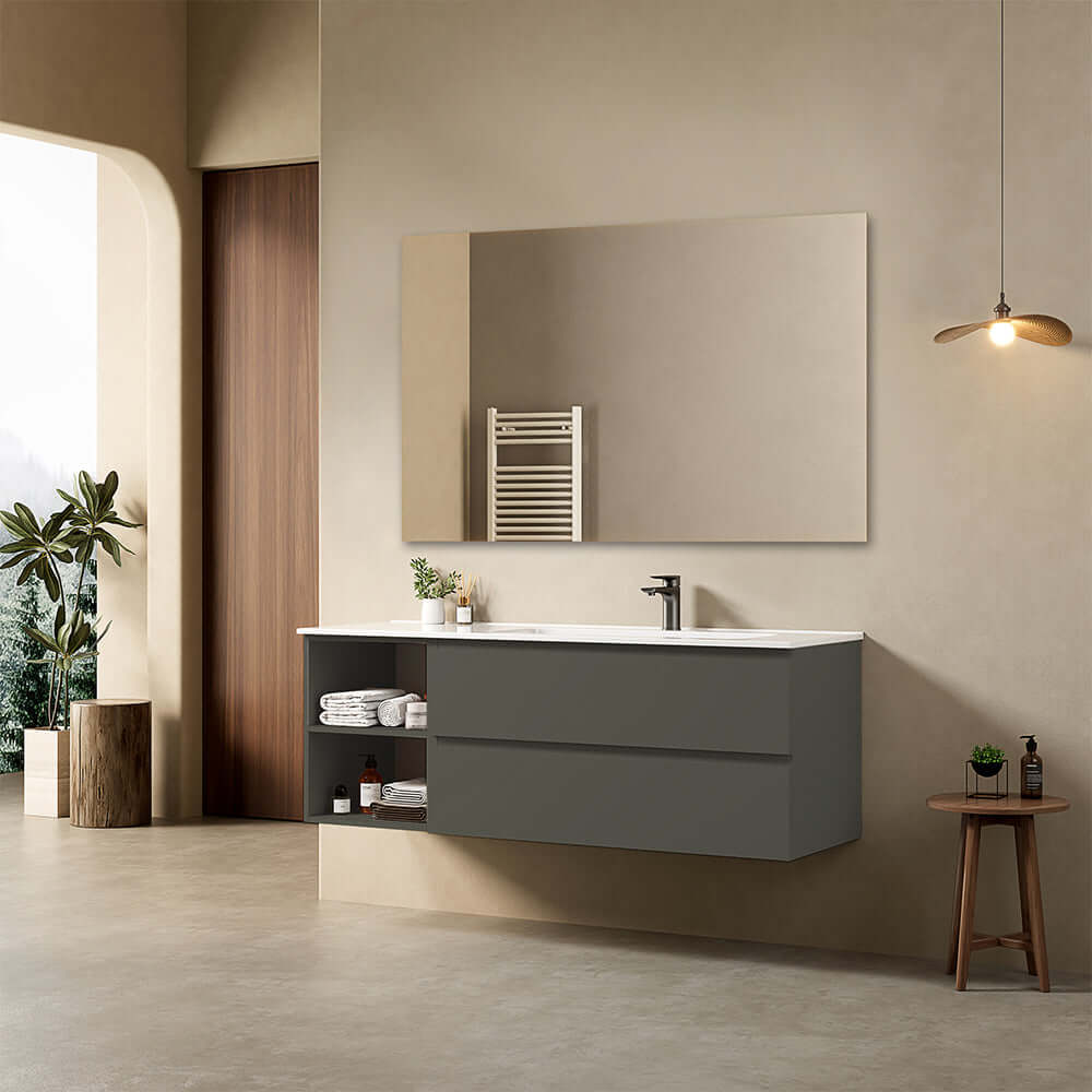Mobile bagno sospeso 140 cm Grigio Londra Lavabo a Destra in Resina Specchio Quadro - Fiji Paint Plus