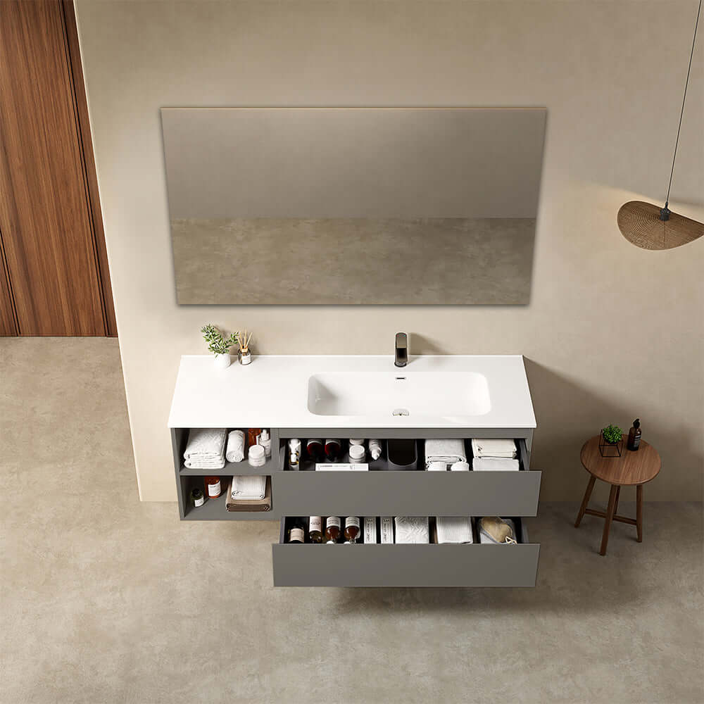 Mobile bagno sospeso 140 cm Grigio Londra Lavabo a Destra in Resina Specchio Quadro - Fiji Paint Plus