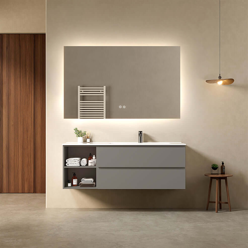 Mobile bagno sospeso 140 cm Grigio Londra Lavabo a Destra in Resina Specchio Quadro Retroilluminato - Fiji Paint Plus