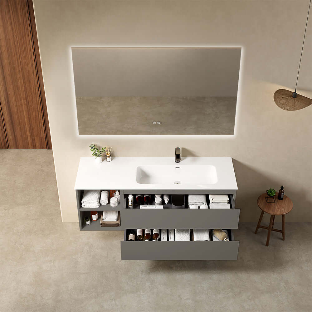Mobile bagno sospeso 140 cm Grigio Londra Lavabo a Destra in Resina Specchio Quadro Retroilluminato - Fiji Paint Plus