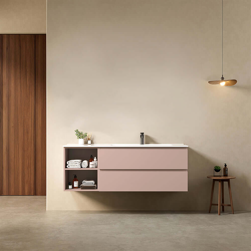 Mobile bagno sospeso 140 cm Rosa Retro Lavabo a Destra in Resina Senza Specchio - Fiji Paint Plus