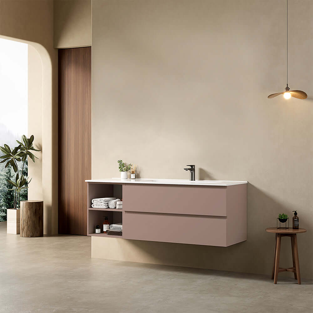 Mobile bagno sospeso 140 cm Rosa Retro Lavabo a Destra in Resina Senza Specchio - Fiji Paint Plus
