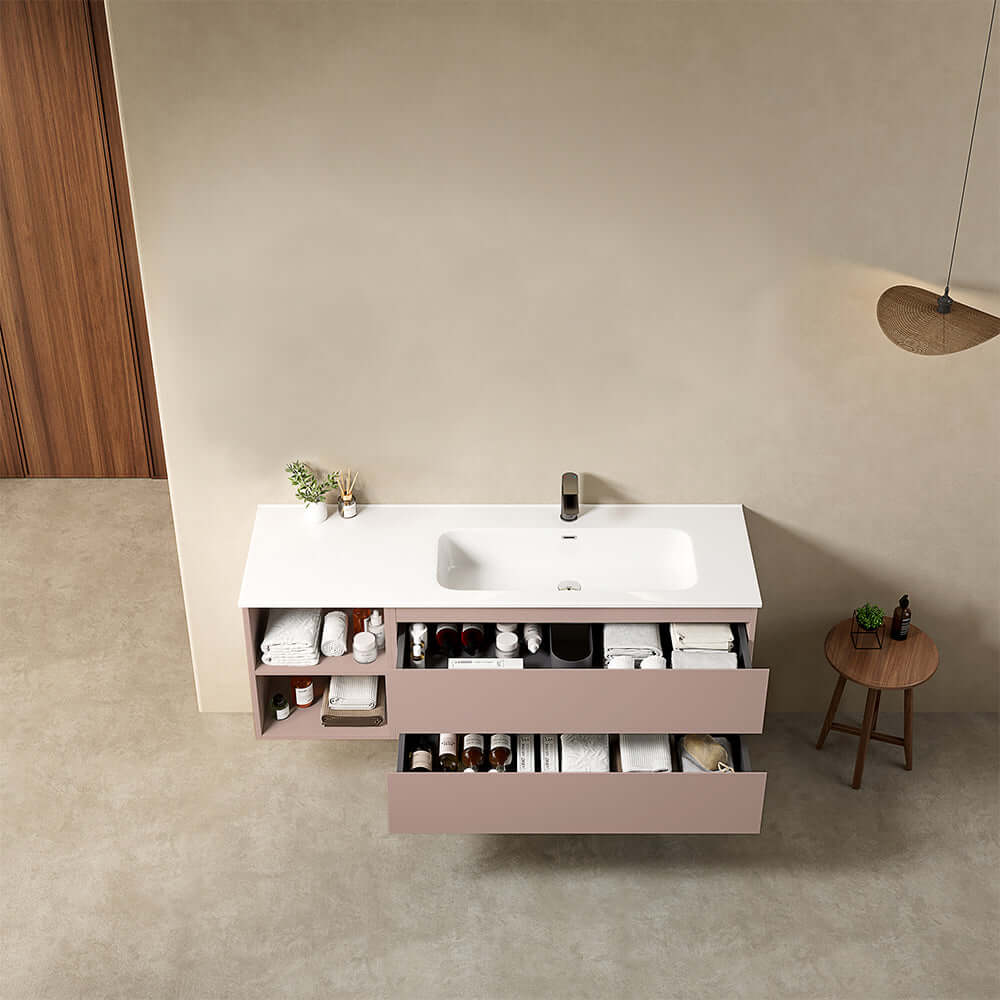 Mobile bagno sospeso 140 cm Rosa Retro Lavabo a Destra in Resina Senza Specchio - Fiji Paint Plus