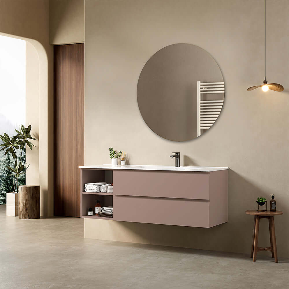 Mobile bagno sospeso 140 cm Rosa Retro Lavabo a Destra in Resina Specchio Tondo - Fiji Paint Plus