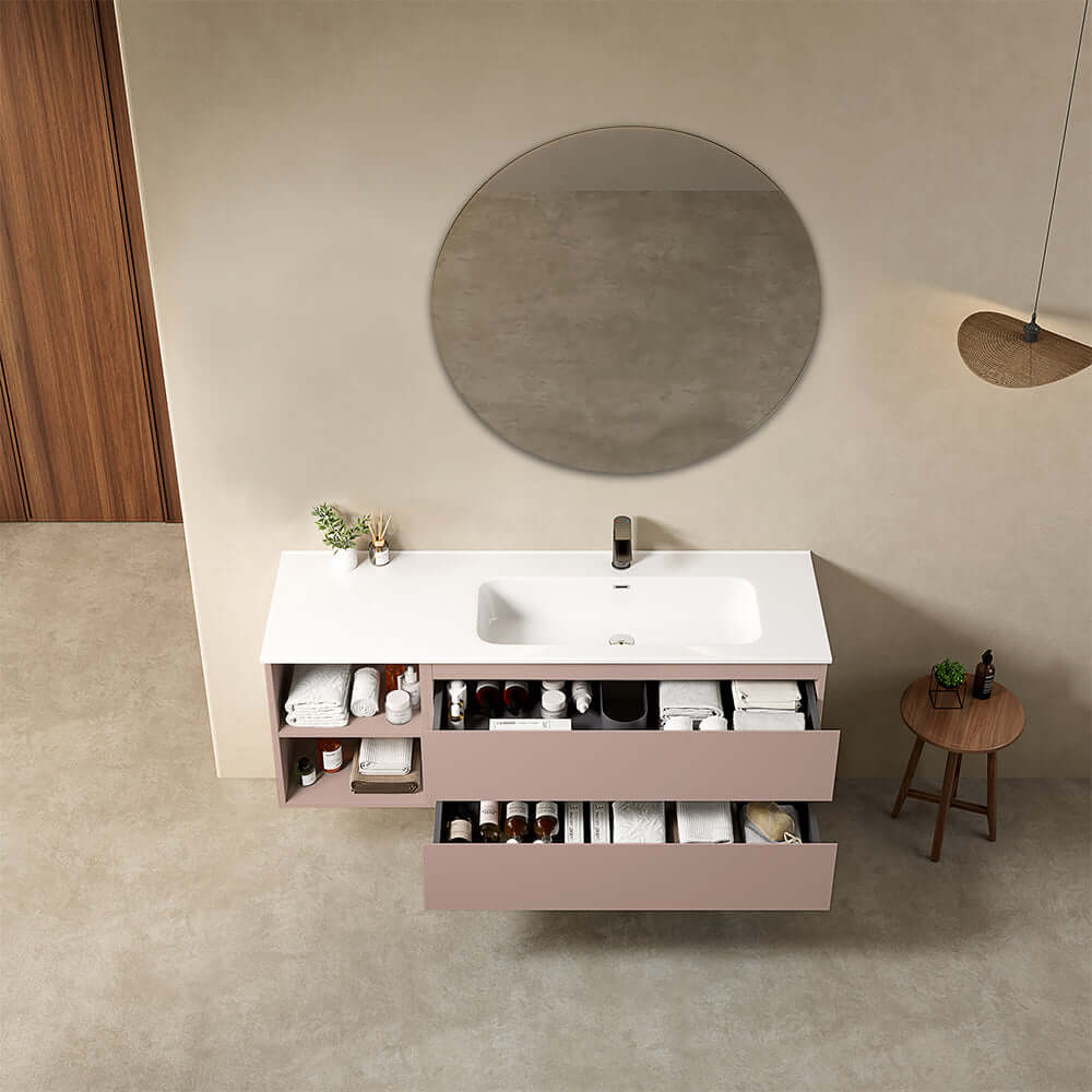 Mobile bagno sospeso 140 cm Rosa Retro Lavabo a Destra in Resina Specchio Tondo - Fiji Paint Plus