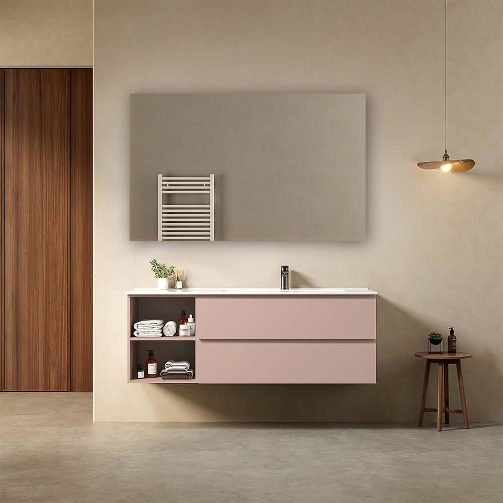 Mobile bagno sospeso 140 cm Rosa Retro Lavabo a Destra in Resina Specchio Quadro - Fiji Paint Plus
