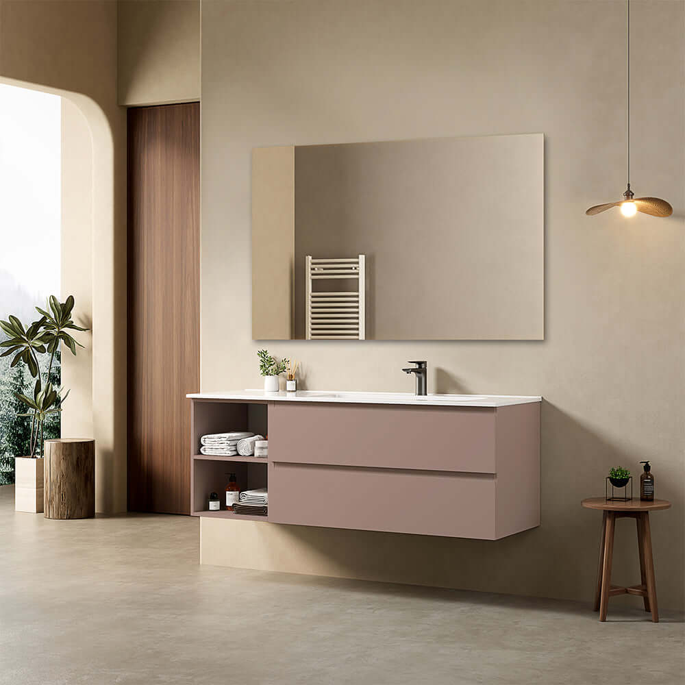 Mobile bagno sospeso 140 cm Rosa Retro Lavabo a Destra in Resina Specchio Quadro - Fiji Paint Plus