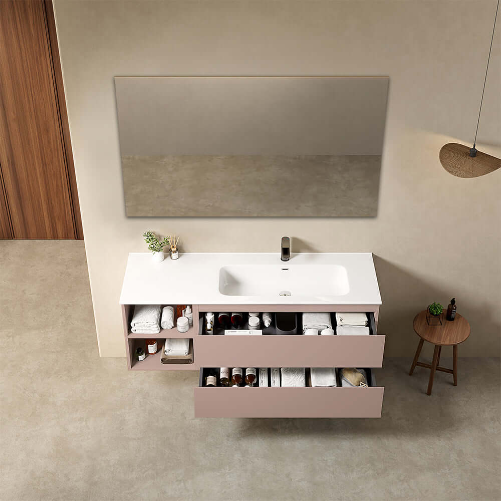 Mobile bagno sospeso 140 cm Rosa Retro Lavabo a Destra in Resina Specchio Quadro - Fiji Paint Plus