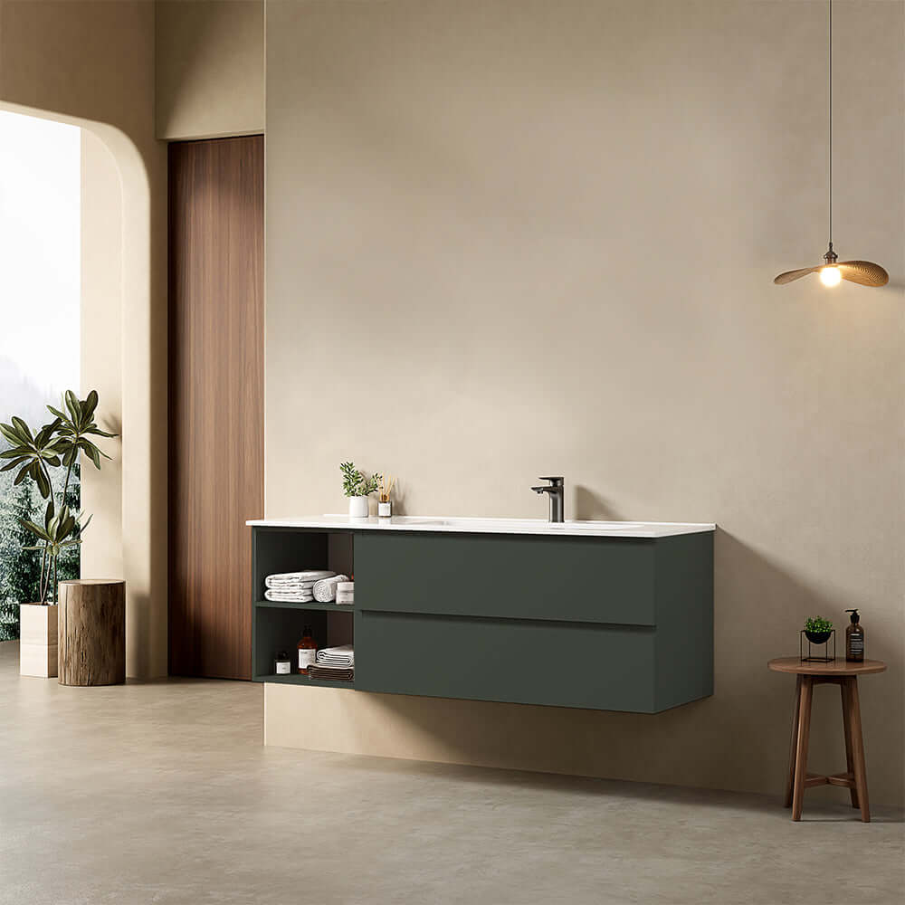 Mobile bagno sospeso 140 cm Verde Comodoro Lavabo a Destra in Resina Senza Specchio - Fiji Paint Plus