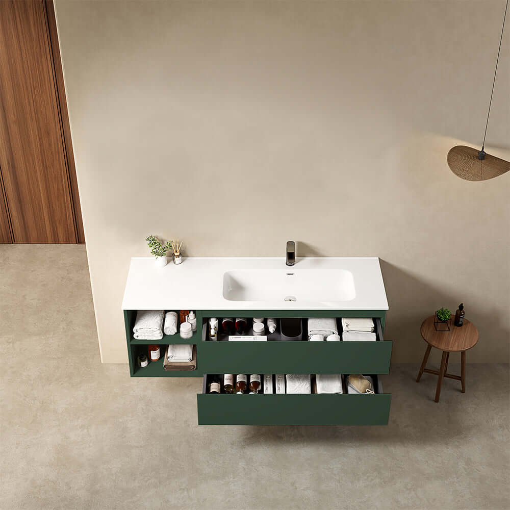 Mobile bagno sospeso 140 cm Verde Comodoro Lavabo a Destra in Resina Senza Specchio - Fiji Paint Plus