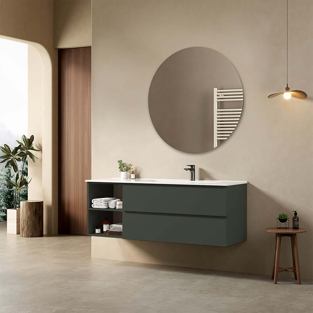Mobile bagno sospeso 140 cm Verde Comodoro Lavabo a Destra in Resina Specchio Tondo - Fiji Paint Plus