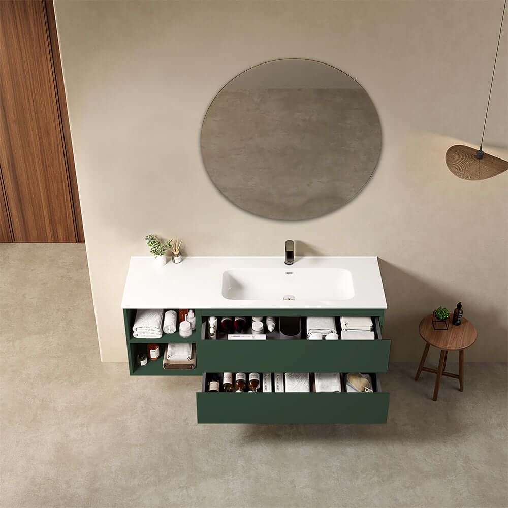 Mobile bagno sospeso 140 cm Verde Comodoro Lavabo a Destra in Resina Specchio Tondo - Fiji Paint Plus