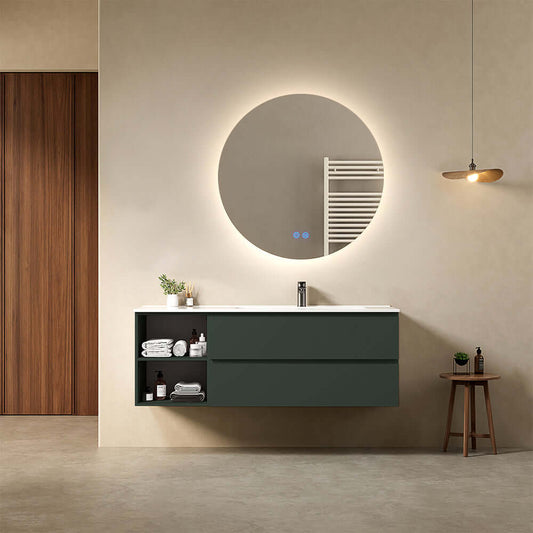 Mobile bagno sospeso 140 cm Verde Comodoro Lavabo a Destra in Resina Specchio Tondo Retroilluminato - Fiji Paint Plus