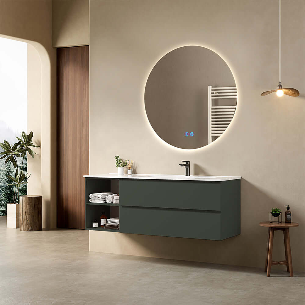 Mobile bagno sospeso 140 cm Verde Comodoro Lavabo a Destra in Resina Specchio Tondo Retroilluminato - Fiji Paint Plus