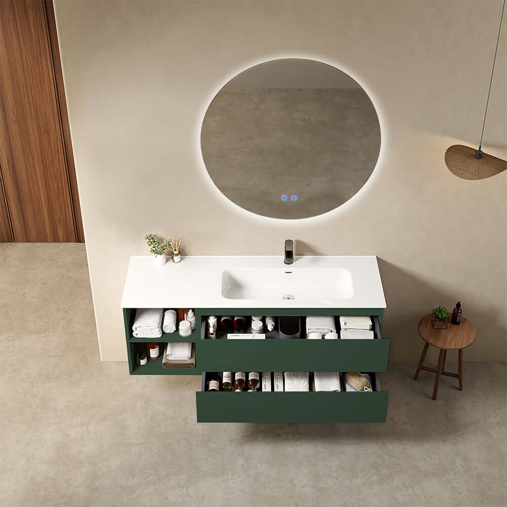 Mobile bagno sospeso 140 cm Verde Comodoro Lavabo a Destra in Resina Specchio Tondo Retroilluminato - Fiji Paint Plus