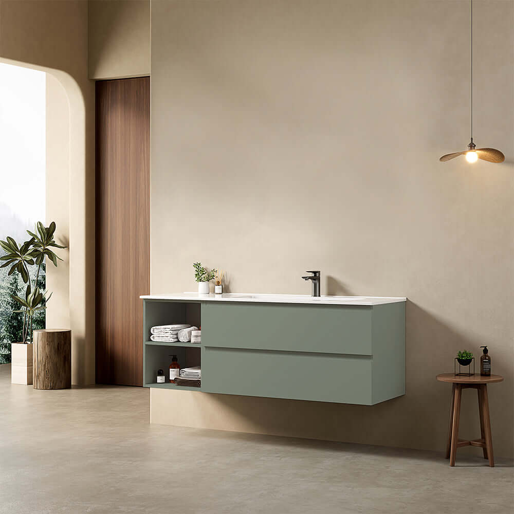 Mobile bagno sospeso 140 cm Verde Salvia Lavabo a Destra in Resina Senza Specchio - Fiji Paint Plus