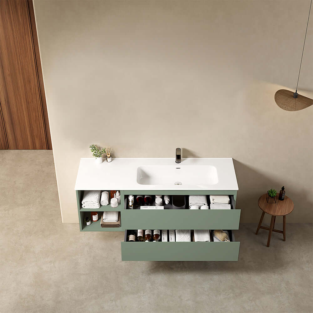 Mobile bagno sospeso 140 cm Verde Salvia Lavabo a Destra in Resina Senza Specchio - Fiji Paint Plus