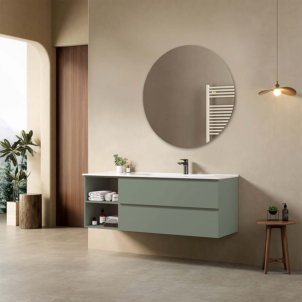 Mobile bagno sospeso 140 cm Verde Salvia Lavabo a Destra in Resina Specchio Tondo - Fiji Paint Plus