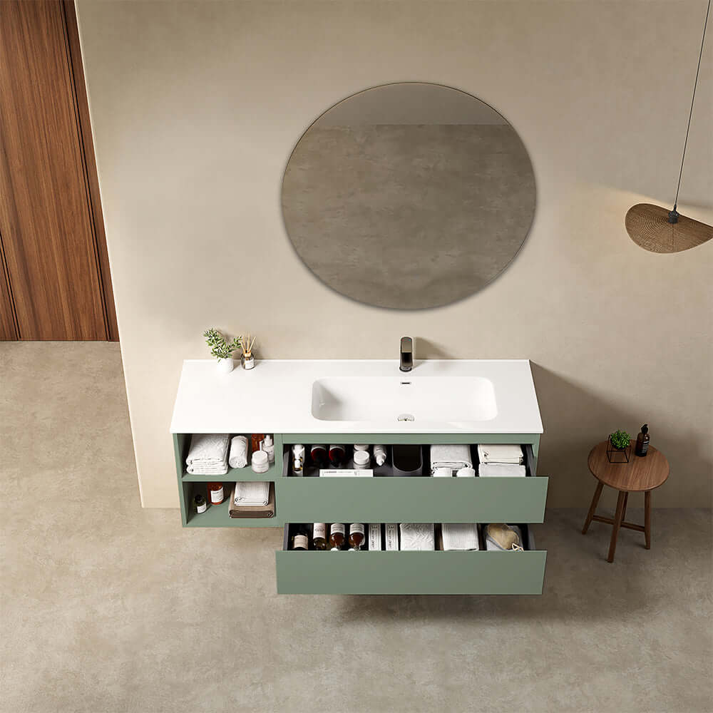 Mobile bagno sospeso 140 cm Verde Salvia Lavabo a Destra in Resina Specchio Tondo - Fiji Paint Plus