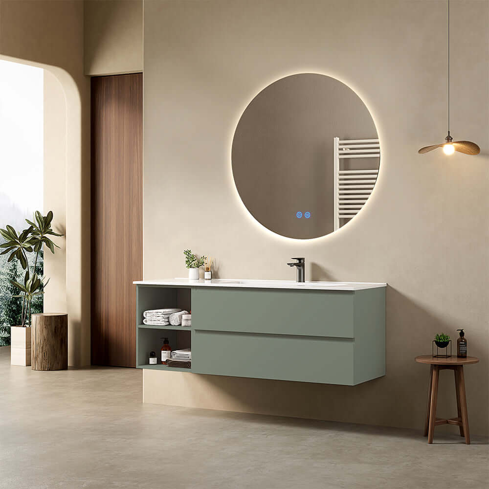 Mobile bagno sospeso 140 cm Verde Salvia Lavabo a Destra in Resina Specchio Tondo Retroilluminato - Fiji Paint Plus