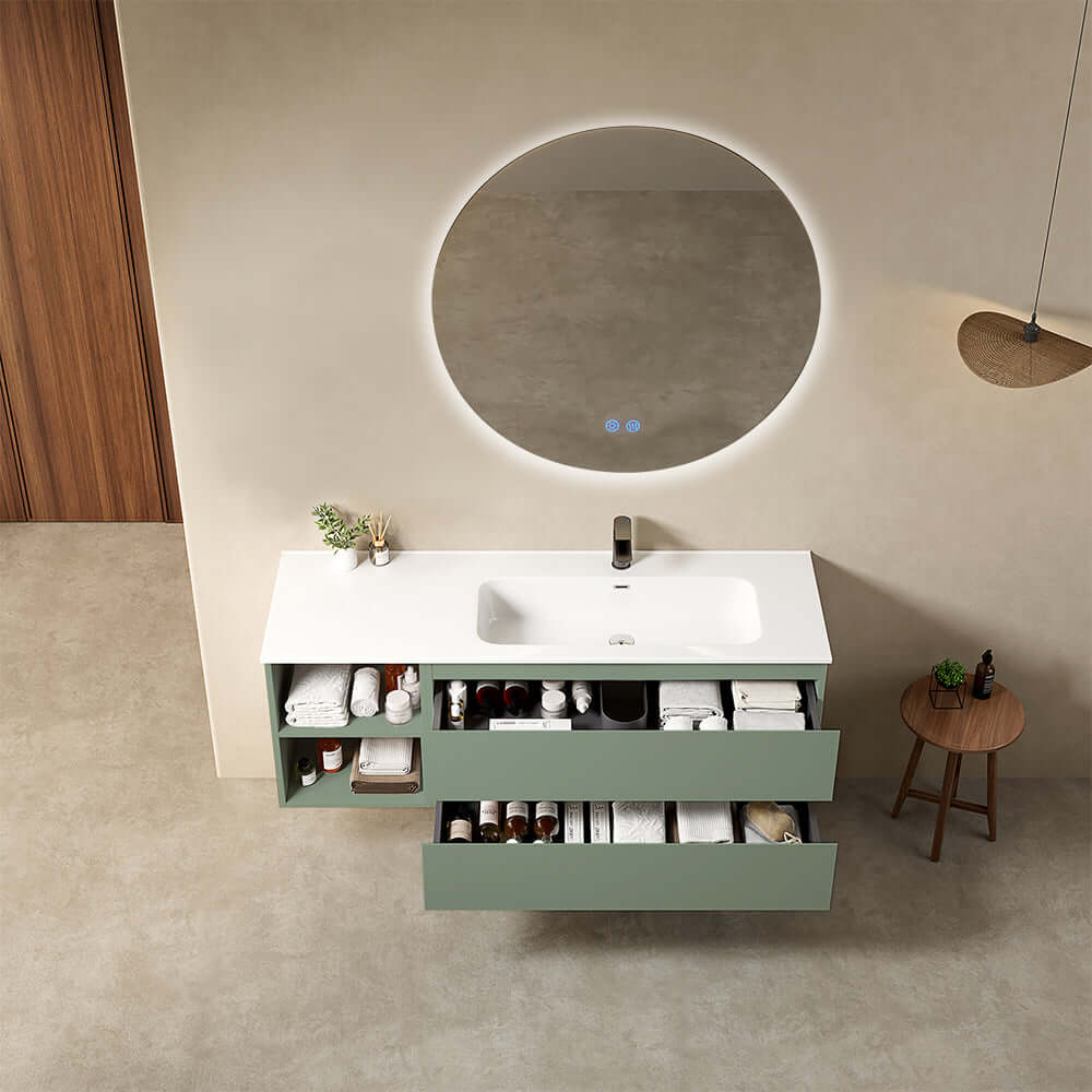 Mobile bagno sospeso 140 cm Verde Salvia Lavabo a Destra in Resina Specchio Tondo Retroilluminato - Fiji Paint Plus