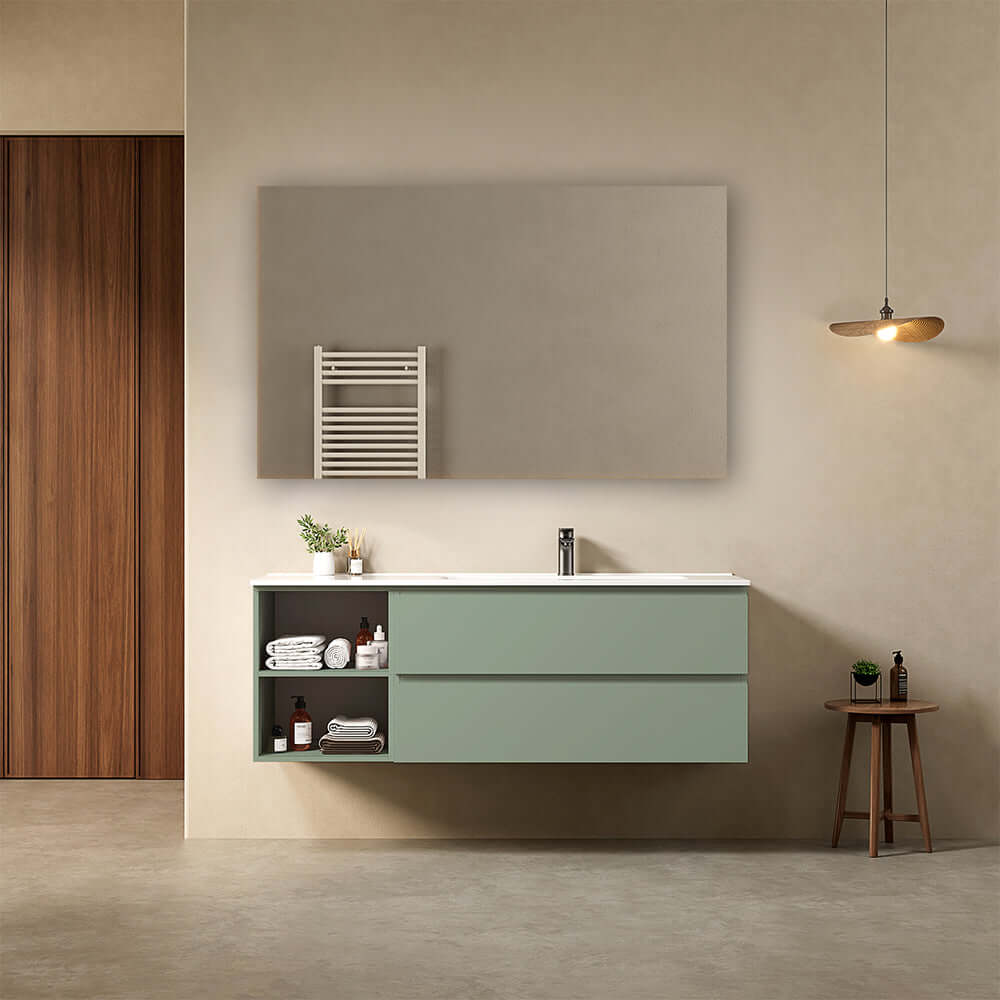 Mobile bagno sospeso 140 cm Verde Salvia Lavabo a Destra in Resina Specchio Quadro - Fiji Paint Plus