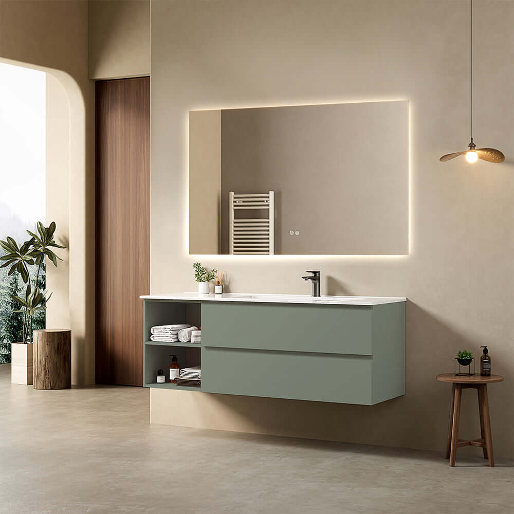 Mobile bagno sospeso 140 cm Verde Salvia Lavabo a Destra in Resina Specchio Quadro Retroilluminato - Fiji Paint Plus