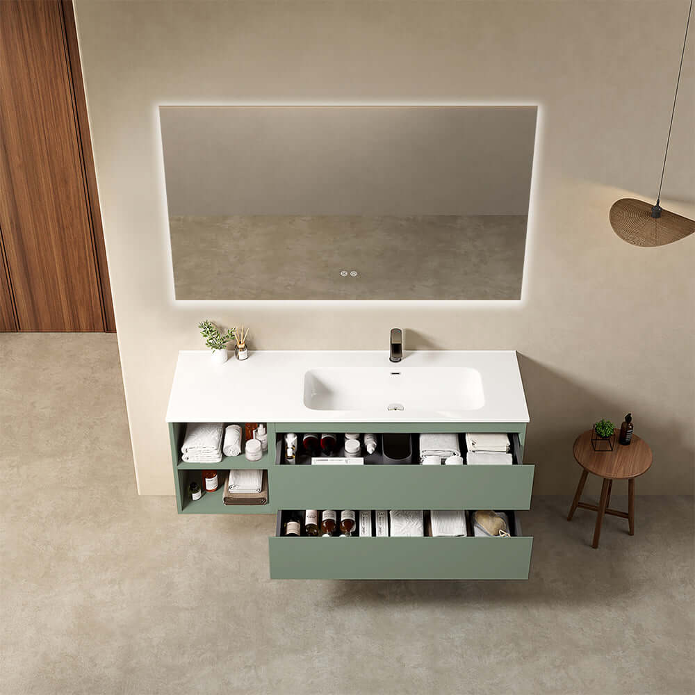 Mobile bagno sospeso 140 cm Verde Salvia Lavabo a Destra in Resina Specchio Quadro Retroilluminato - Fiji Paint Plus