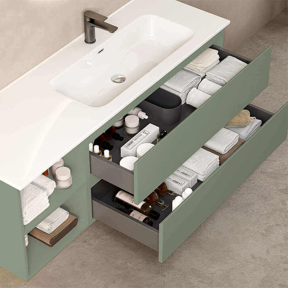 Mobile bagno sospeso 140 cm Verde Salvia Lavabo a Destra in Resina Specchio Tondo - Fiji Paint Plus