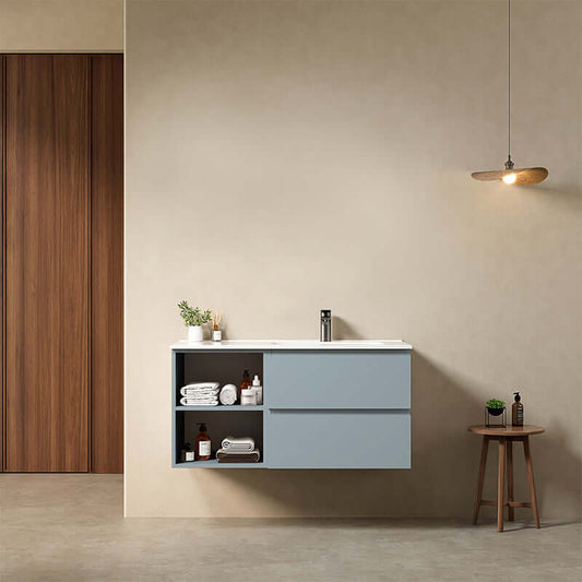 Mobile bagno sospeso 100 cm Blu Avio Lavabo a Destra in Ceramica Senza Specchio - Fiji Paint Plus
