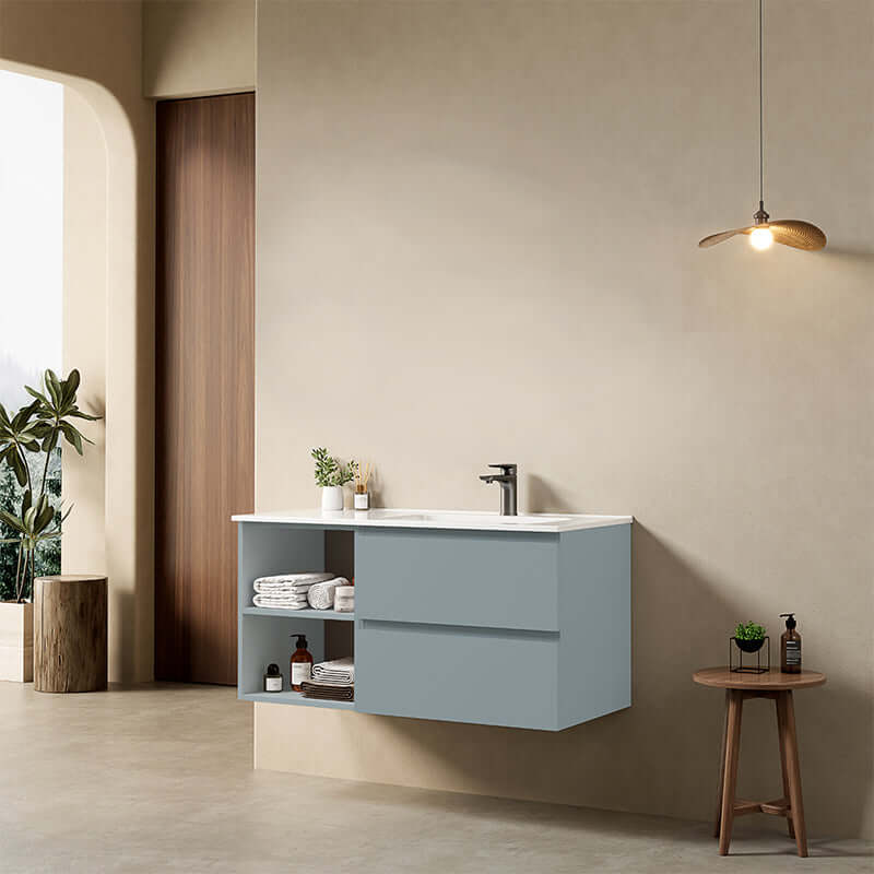 Mobile bagno sospeso 100 cm Blu Avio Lavabo a Destra in Ceramica Senza Specchio - Fiji Paint Plus