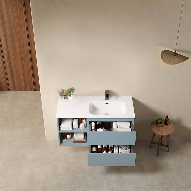 Mobile bagno sospeso 100 cm Blu Avio Lavabo a Destra in Ceramica Senza Specchio - Fiji Paint Plus