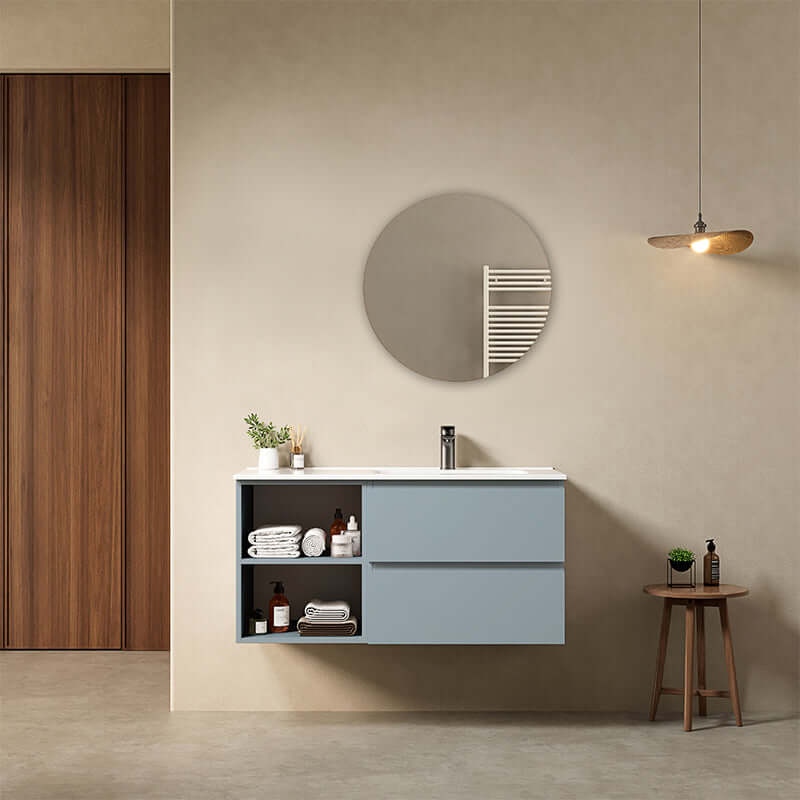 Mobile bagno sospeso 100 cm Blu Avio Lavabo a Destra in Ceramica Specchio Tondo - Fiji Paint Plus