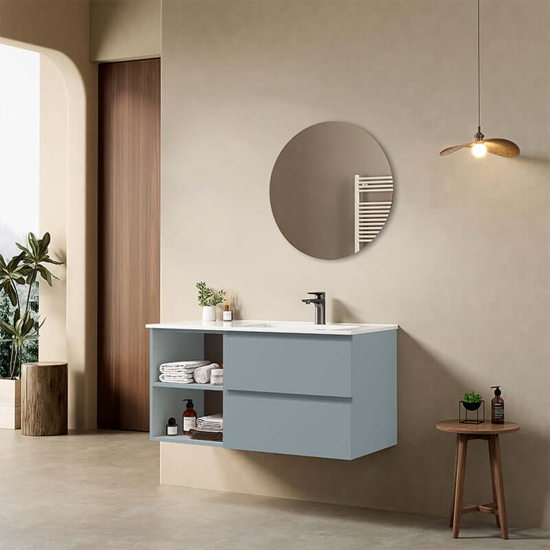 Mobile bagno sospeso 100 cm Blu Avio Lavabo a Destra in Ceramica Specchio Tondo - Fiji Paint Plus