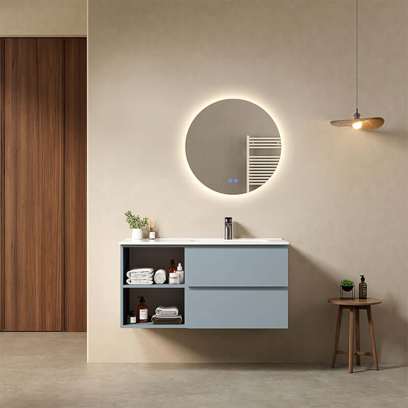 Mobile bagno sospeso 100 cm Blu Avio Lavabo a Destra in Ceramica Specchio Tondo Retroilluminato - Fiji Paint Plus